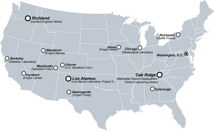 Localização dos pontos estratégicos do projeto Manhattan